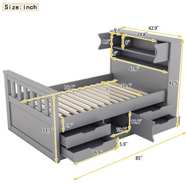 Twin Size Captain Platform Kids Bed with 4-Drawers, Storage Bookcases & Shelves - Sturdy, Noise-Free Frame for Bedroom, Grey