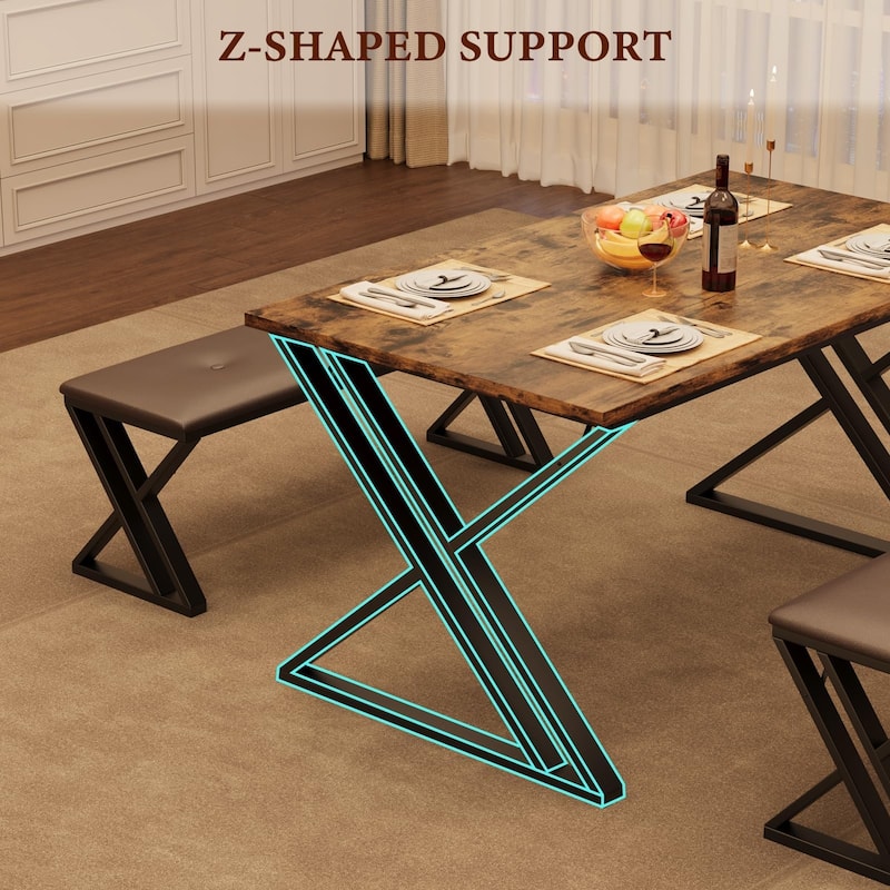3 Piece Z-Shaped Leg Dining Table with 2 Benches, Space-Saving