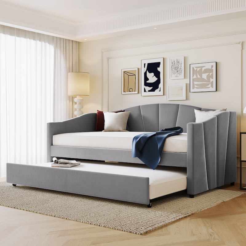 Grey Upholstered Velvet Twin Daybed with Trundle - Gray