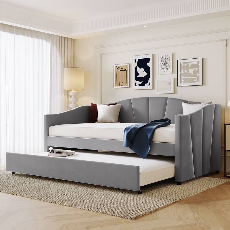 Velvet Upholstered Twin Daybed with Trundle, Solid Wood Slat Support, No Box Spring Needed, Space-Saving Design - Grey - Twin