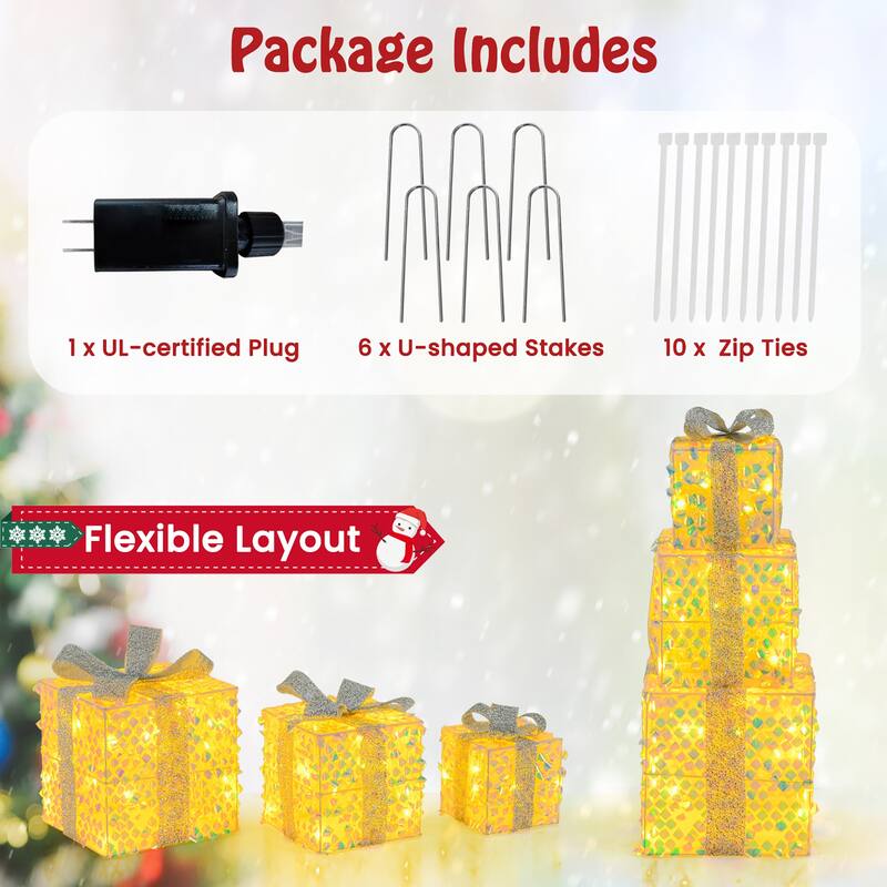 Gymax 3 PCS Christmas Lighted Gift Boxes w/ 90 LED Lights Zip Ties