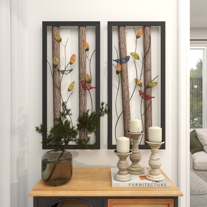 Black Metal Bird Wall Decor with Tree Branches and Colorful Leaves