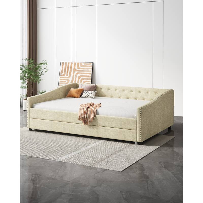 Full Size Upholstered Tufted Daybed with Button on Back and Copper Nail on Waved Shape Arms
