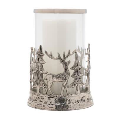 Etched Deer and Pine Tree Christmas Candle Holder - 11"