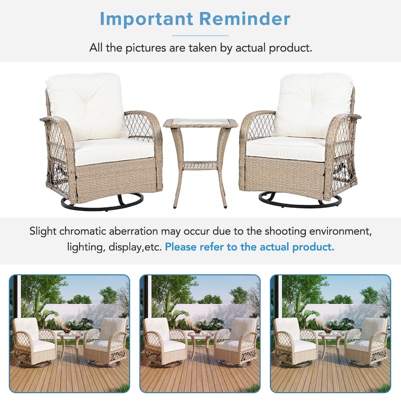 3-Piece Outdoor Chair Table Set Chat with Square Table & 2 Swiveling Chairs Set 2-person Rattan Seating Group for Garden
