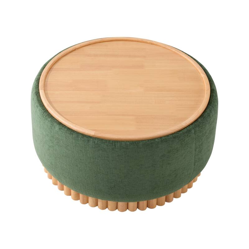 Roomfitters 29 Inch Round Storage Ottoman with Reversible Wooden Tray Top, Upholstered Coffee Table for Living Room