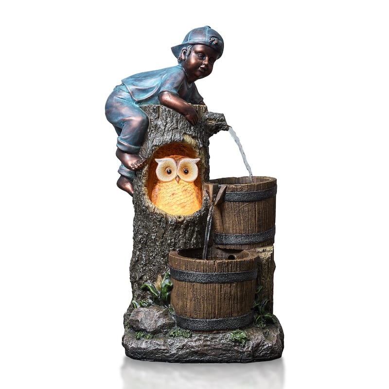 3-Tier Outdoor Fountain – Kid and Owl Play Scene with Cascading Water, Weather Resistant