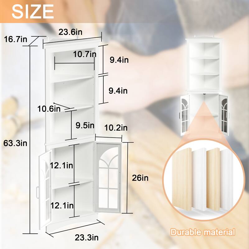 Corner Storage Cabinet, 63.3" Tall Bookcase with Doors & Adjustable Shelves, 5-Tier Corner Display Cabinet