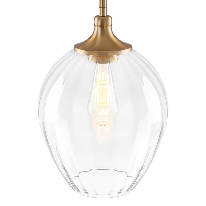 Modern Matte Brass Pendant Light Teardrop Ribbed Clear Glass Shade - Dia.9.06-in