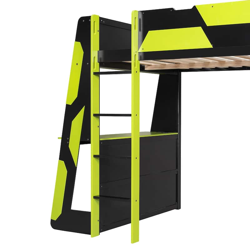 Full Size Gaming Loft Bed Station with Desk, Storage Shelves & RGB LED Lights