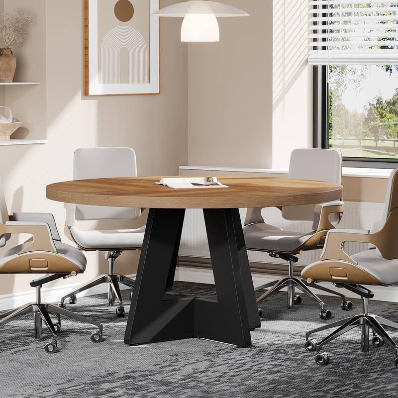 47" Round Conference Table Meeting Room Table with Thickened Top Wood Base Modern Training Desk for Conference/Seminar Room