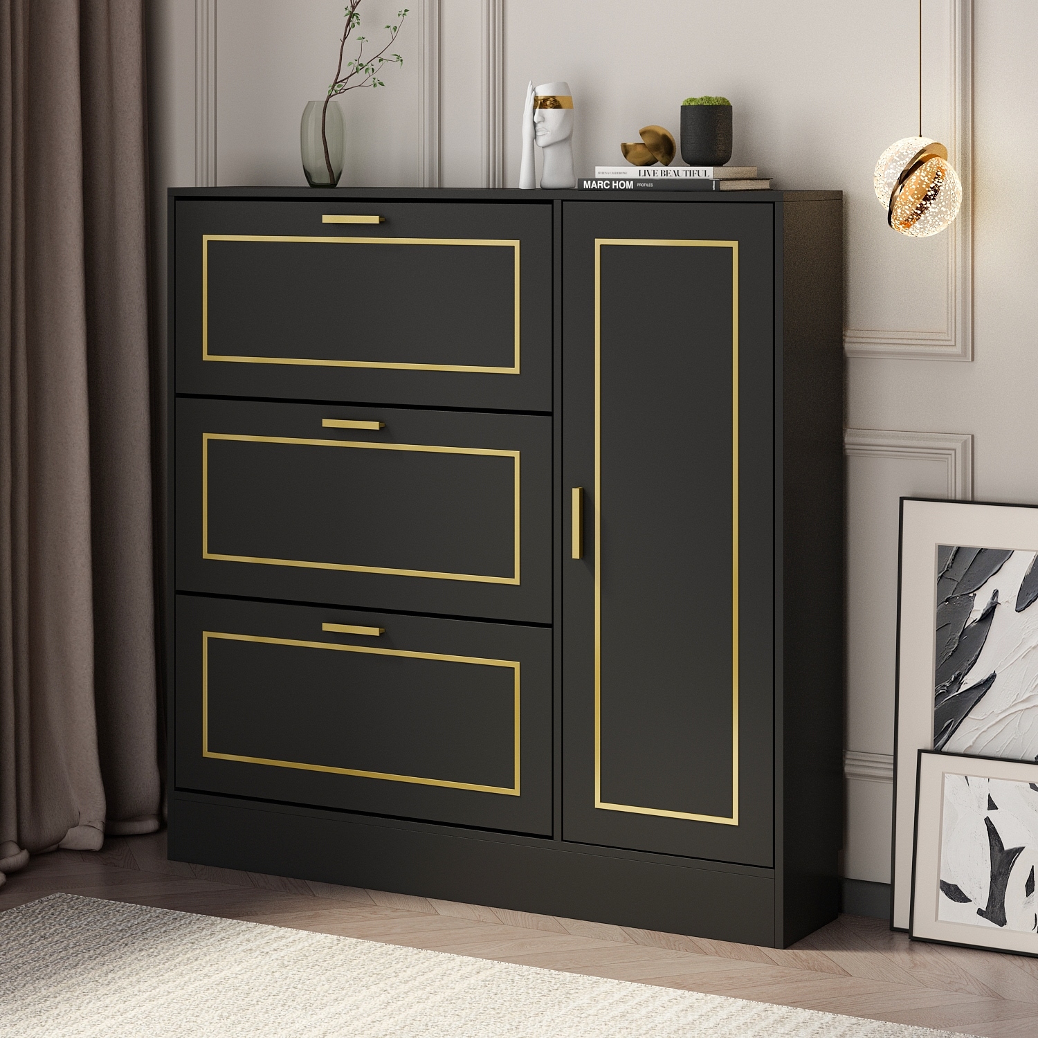 3 Drawer Shoe Storage Cabinet with 1 Door Everly Quinn Finish: Black