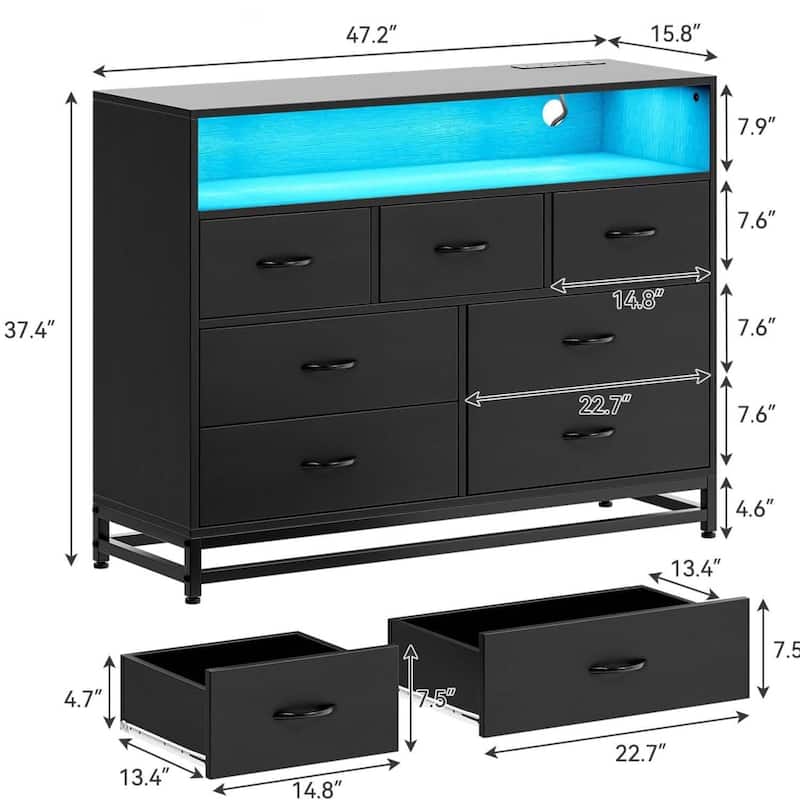 Modern 7 Drawers Dresser with Charging Station and LED Lights