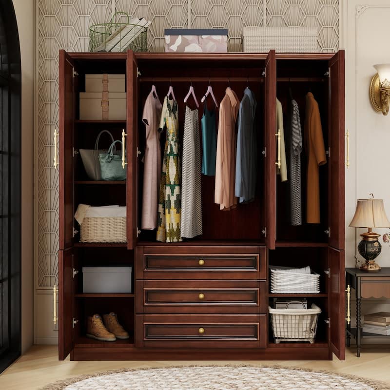 100% Solid Wood Armoire Wardrobe Closet with 4 Door, 70.87"H Armoire Closet Cabinet with 3 Drawers & 2 Hanging Rods for Bedroom