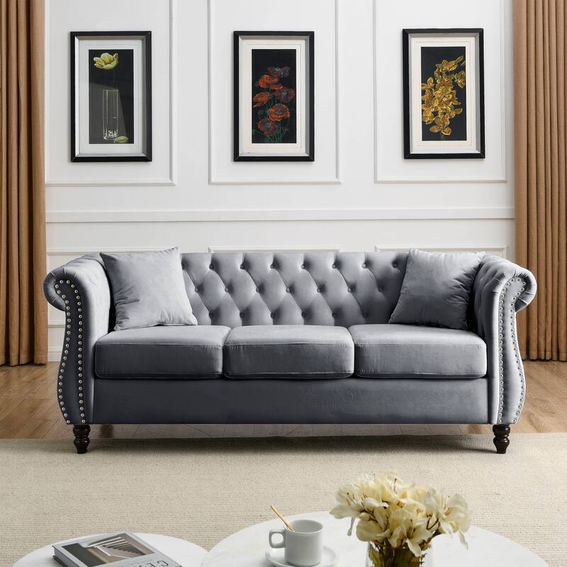 80" Velvet Chesterfield Sofa with Tufted Design, Nailhead Trim, and Rolled Arms, 3-Seater for Living Room or Office