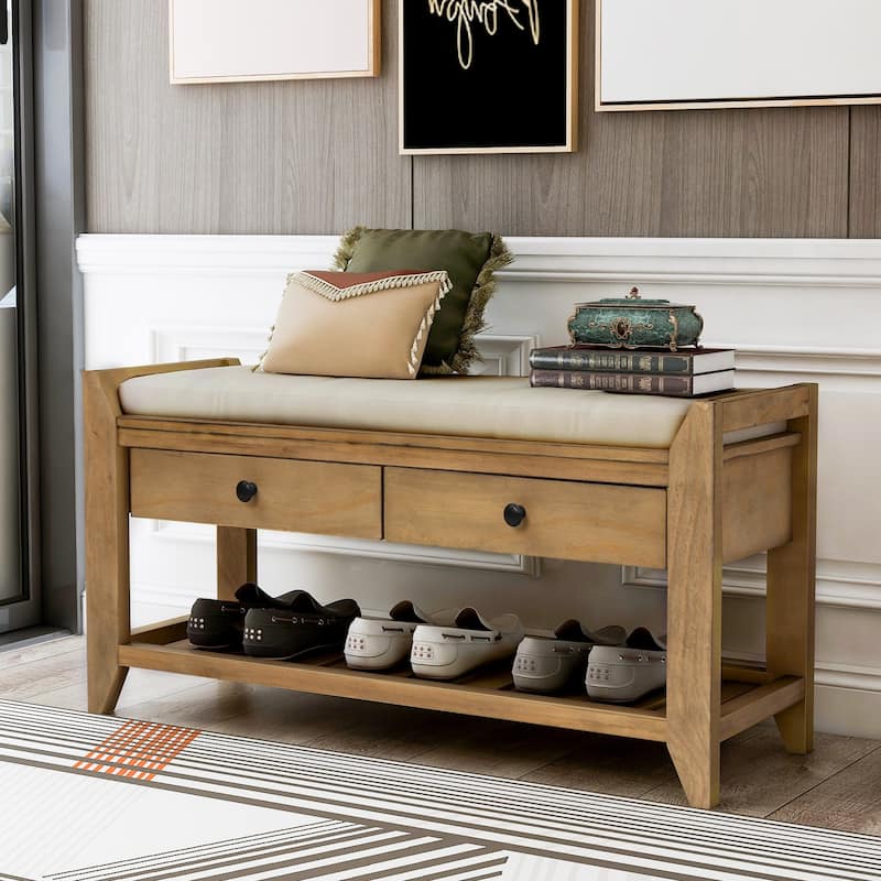 Entryway Storage Shoe Rack Bench with Cushioned Seat and Drawers