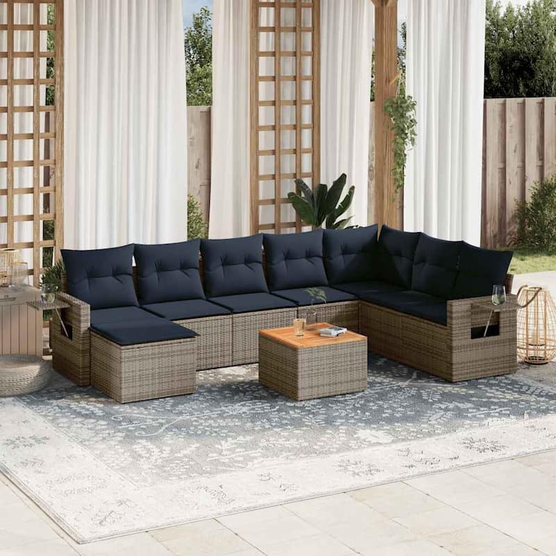 vidaXL 9 Piece Patio Sofa Set with Cushions Black Poly Rattan - 24.4" x 24.4" x 27.2" - Grey and blue