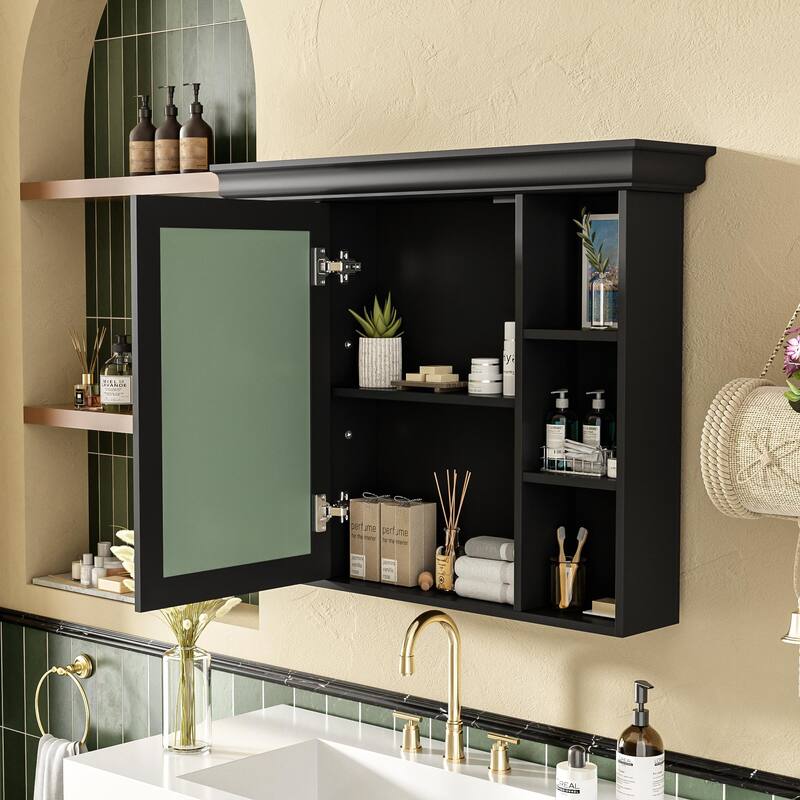Roomfitters 35x28 Inch Wall Mounted Bathroom Storage Cabinet with Mirror Door and 6 Open Shelves