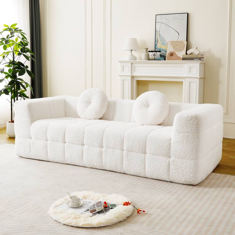 84.6-inch Modern Boneless Couch with Two Circular throw pillows, Skin-friendly lychee-textured long-pile polyester fabric