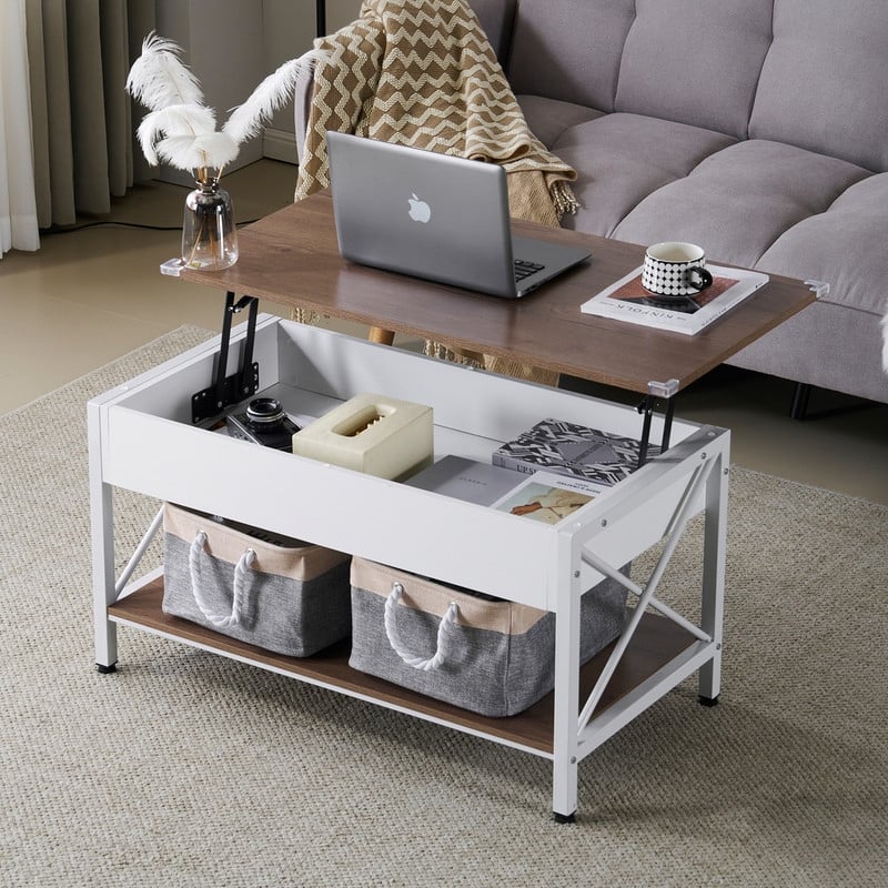 VINGLI Adjustable Side X-shaped Metal Frame Rectangular P2 Board Brown Panel Wood Grain Side Panel Coffee Table