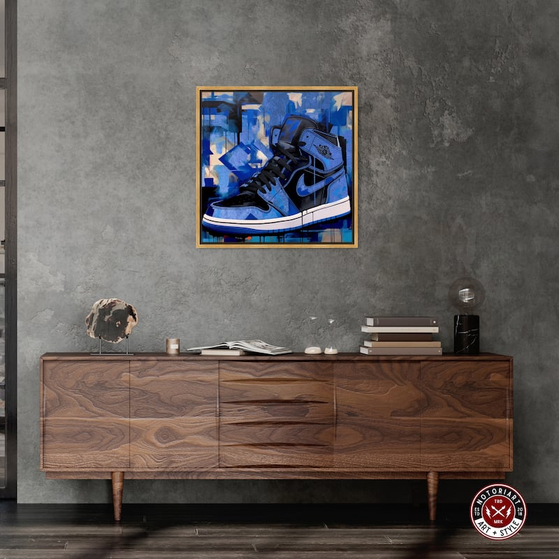 Notoriart Blue Brush Sneakers Framed Sneaker 1 Piece Canvas Wall Art
