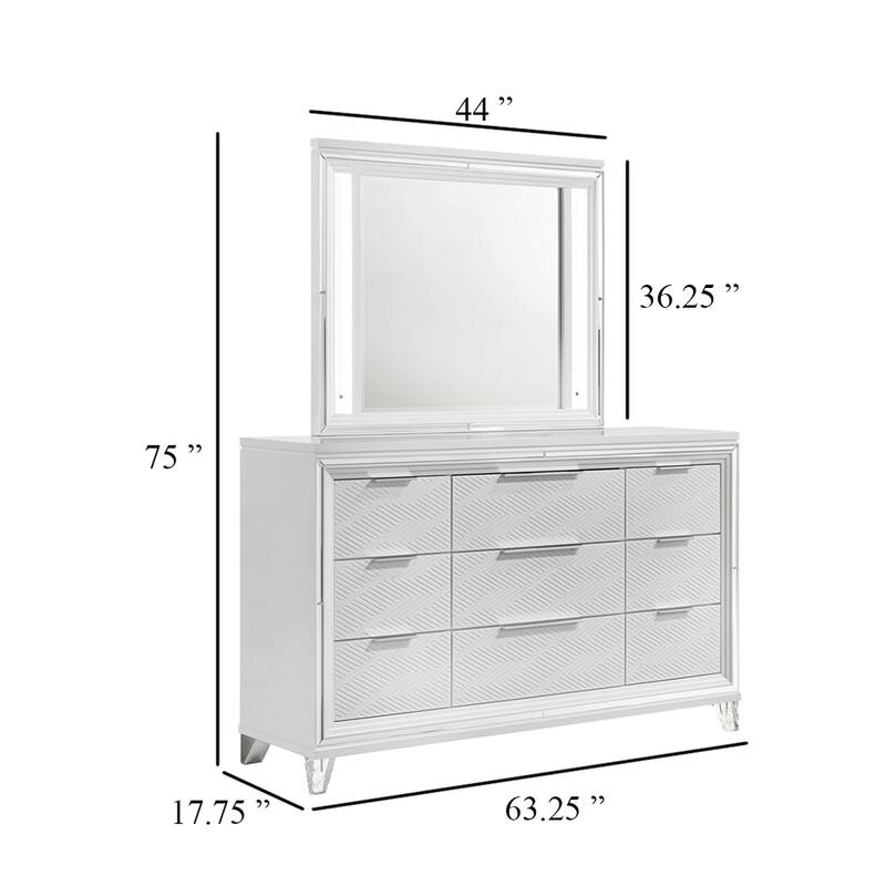 Mory Wide Dresser with LED Mirror, Touch Light, 9 Drawers, White Wood