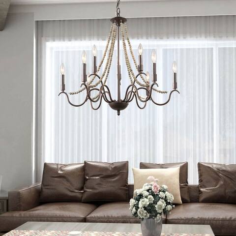 Modern Farmhouse 9-Light 28" Candle Classic Chandelier with Wood Beaded - D28" x H25.5"