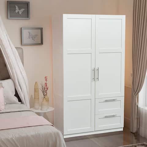 White Wood Wardrobe Armoire Storage Cabinet with Doors,Drawers,Hanging Rod