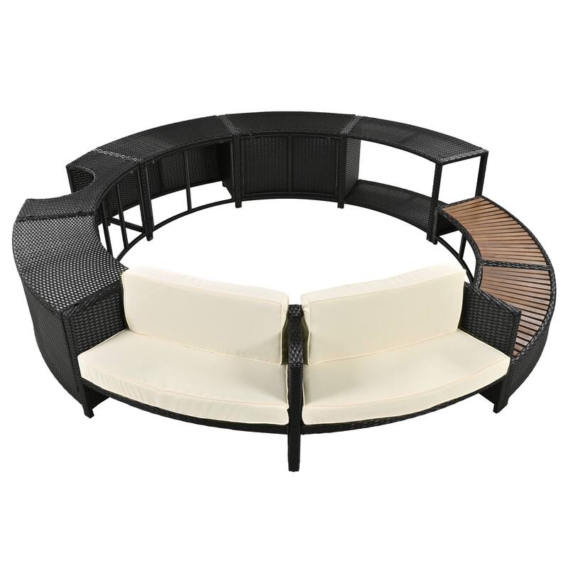 Outdoor Patio Rattan Furniture Set, All Weather Round Conversation Sofa Set with Acacia Wood Seat and Waterproof Cushion