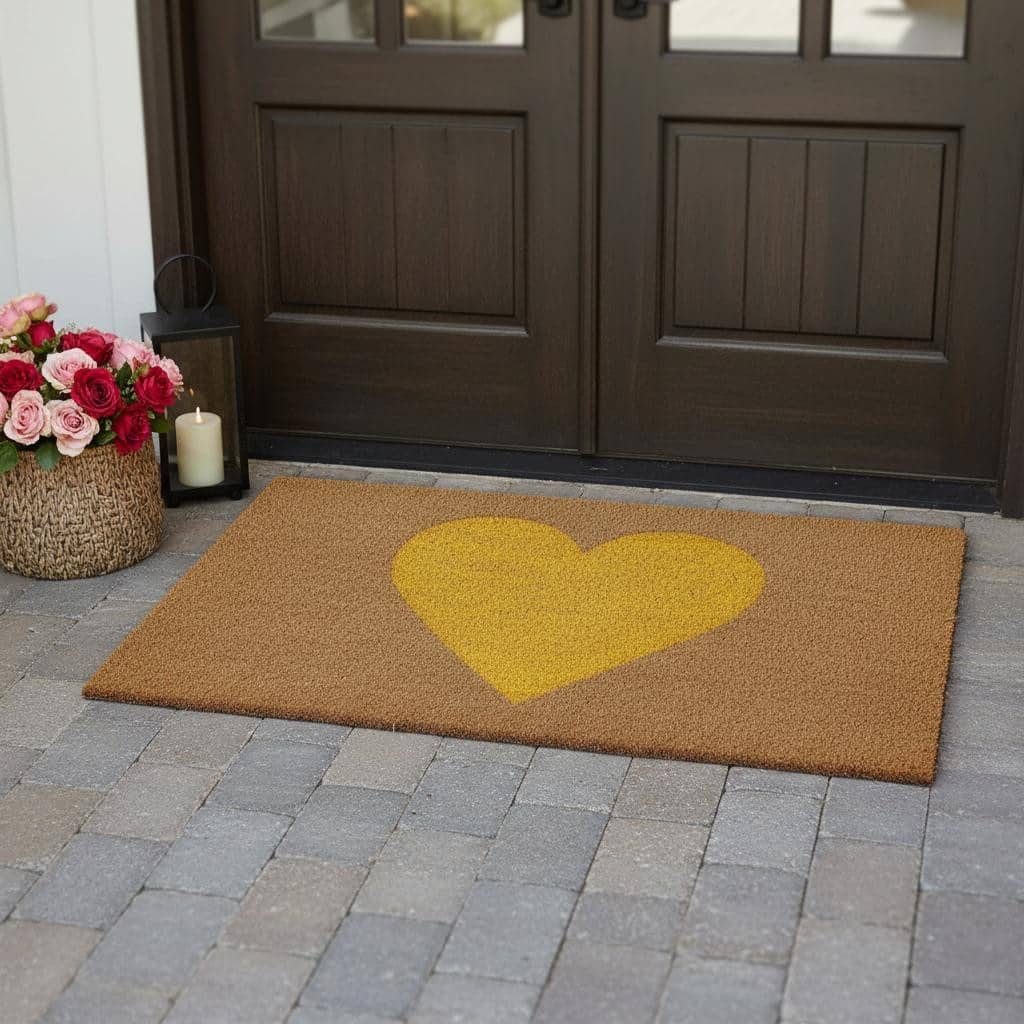 HomeRoots 36" X 72" Brown And Yellow Heart Outdoor Coir Door Mat - 36.00' X '72.00