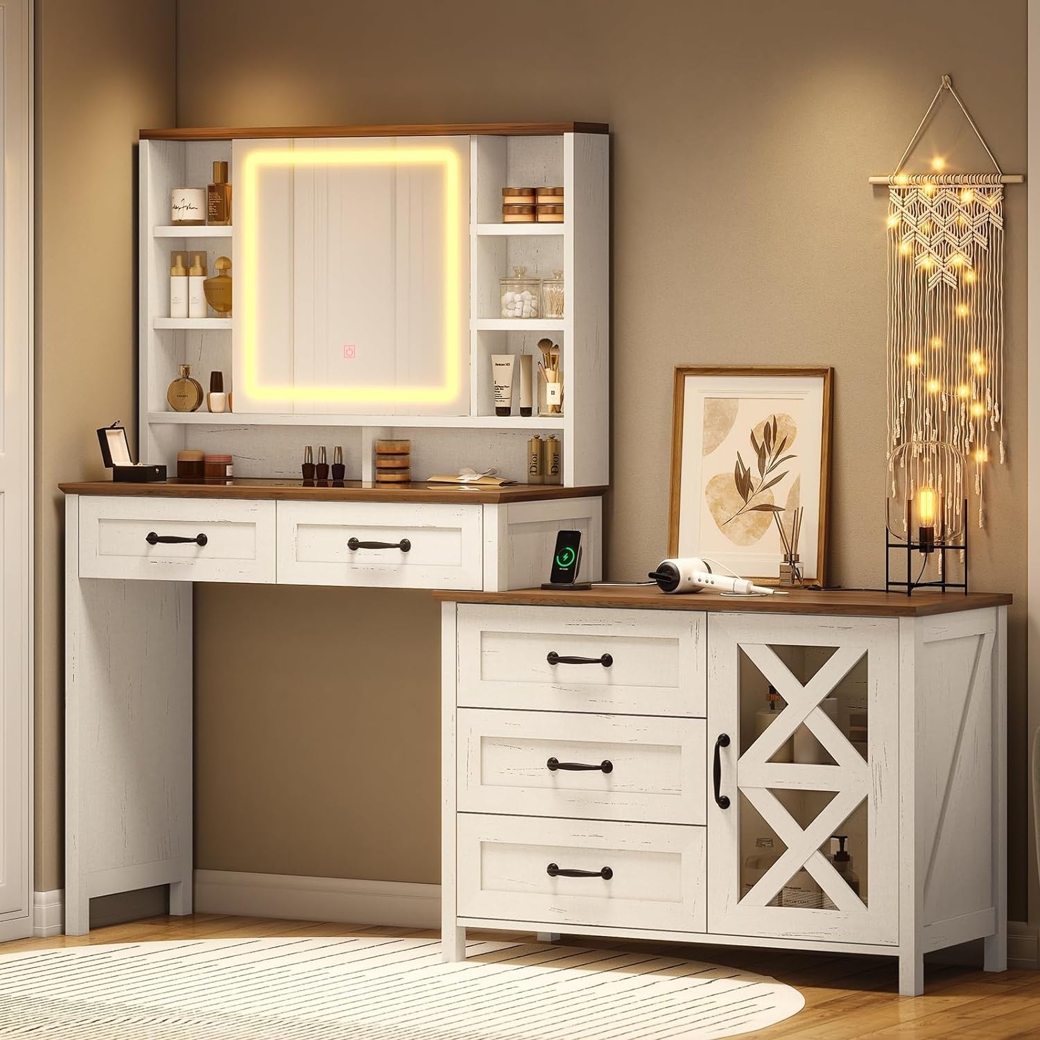 Farmhouse Vanity Desk with Lights Power Strip Drawers Cabinets On Sale Bed Bath Beyond 40162572