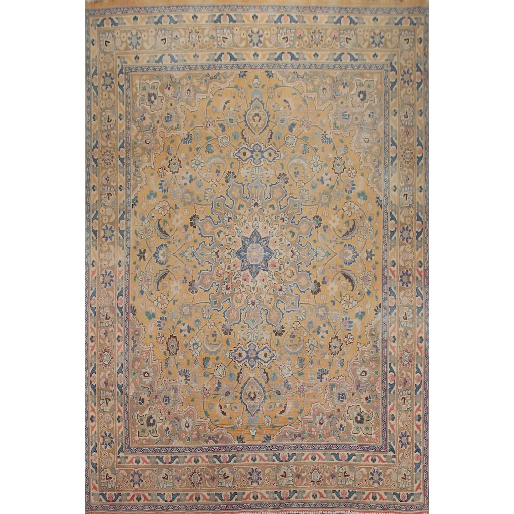 Hand Knotted Oriental 100% Wool Carpet Traditional Floral Yellow & Gold Mashad Area Rug - 12' 4'' X 9' 7''
