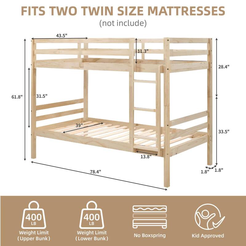 Twin over Twin Wooden Bunk Bed,High Guardrail,Ladder,Kids Teens,Dorm