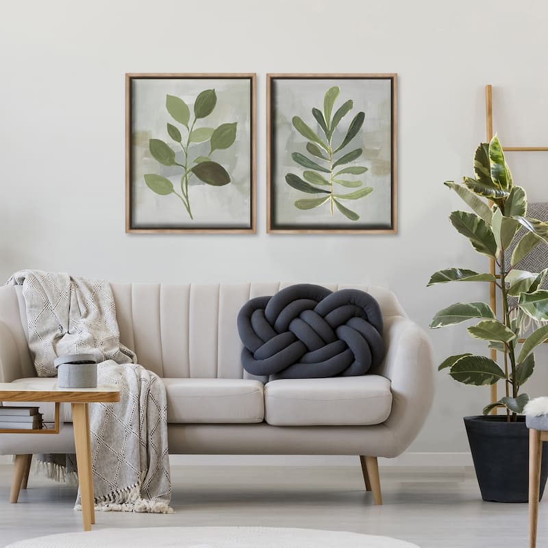 Stupell Green Leaf Branches on Grey Framed Floater Canvas Wall Art Design By Lanie Loreth (Set of 2)