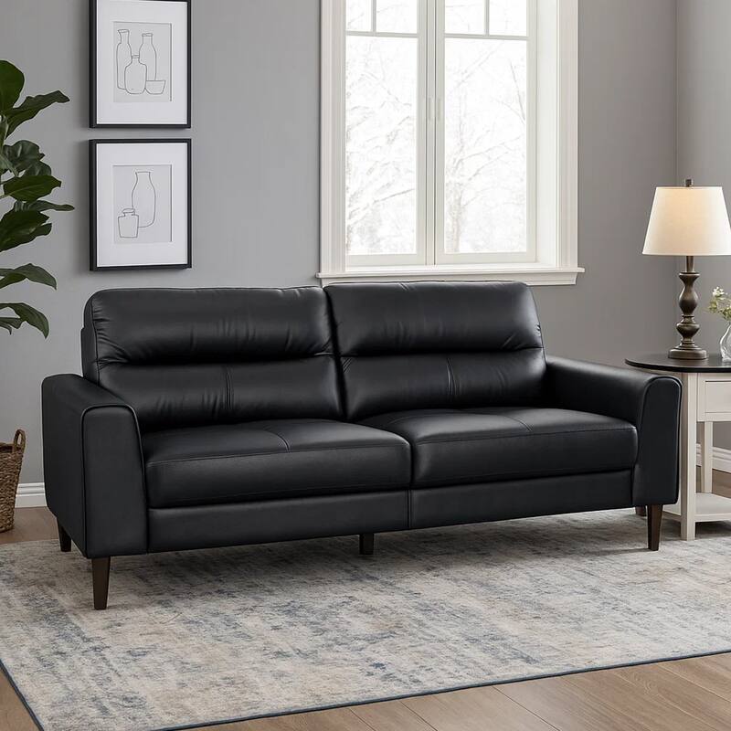 Willow 76 Inch Sofa, Plush Black Top Grain and Faux Leather, Solid Wood