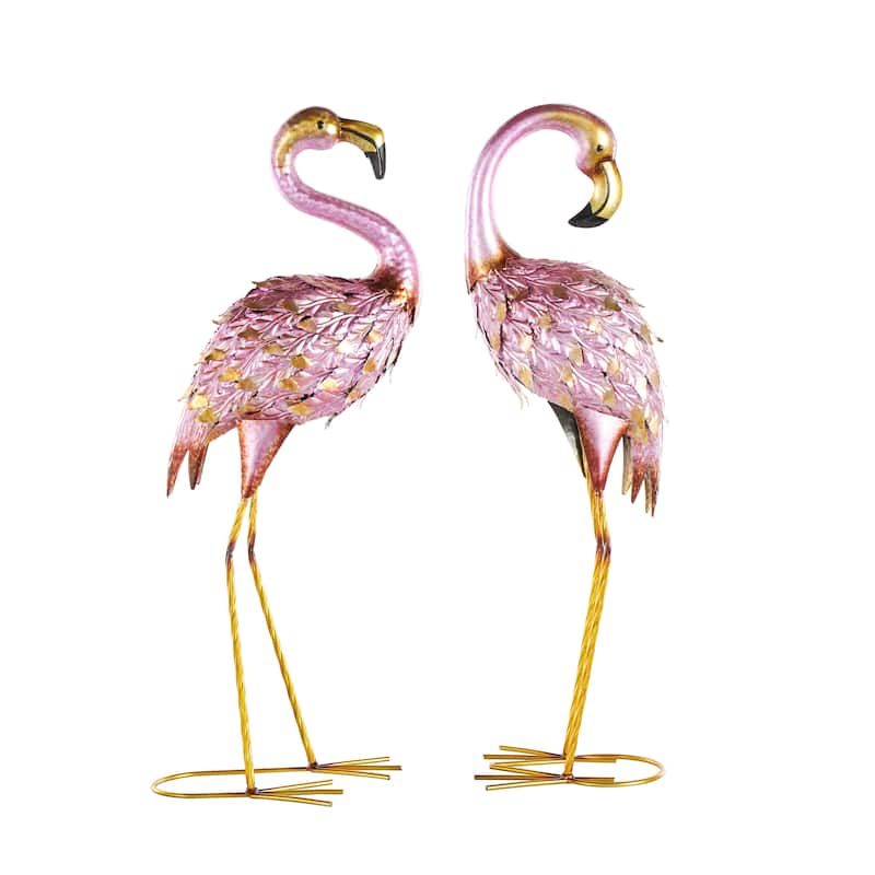 Pink Metal Flamingo Decorative Garden Sculpture with Dimensional Feathers and Gold Accents (Set of 2)