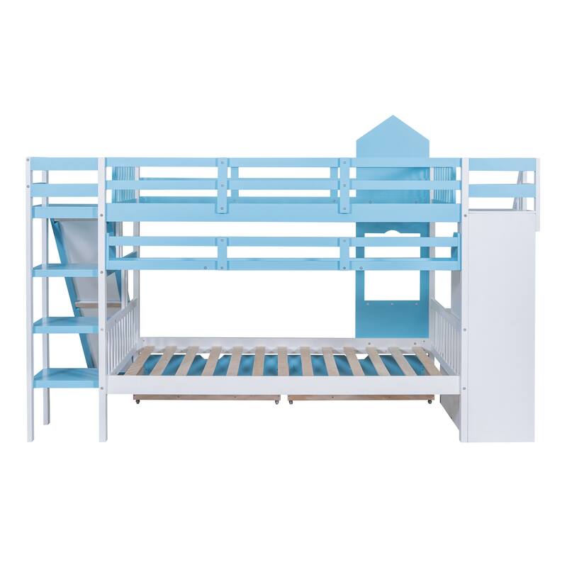 Full Over Full Pine Castle Bunk Bed with Slide, Drawers, Shelves, and Staircase