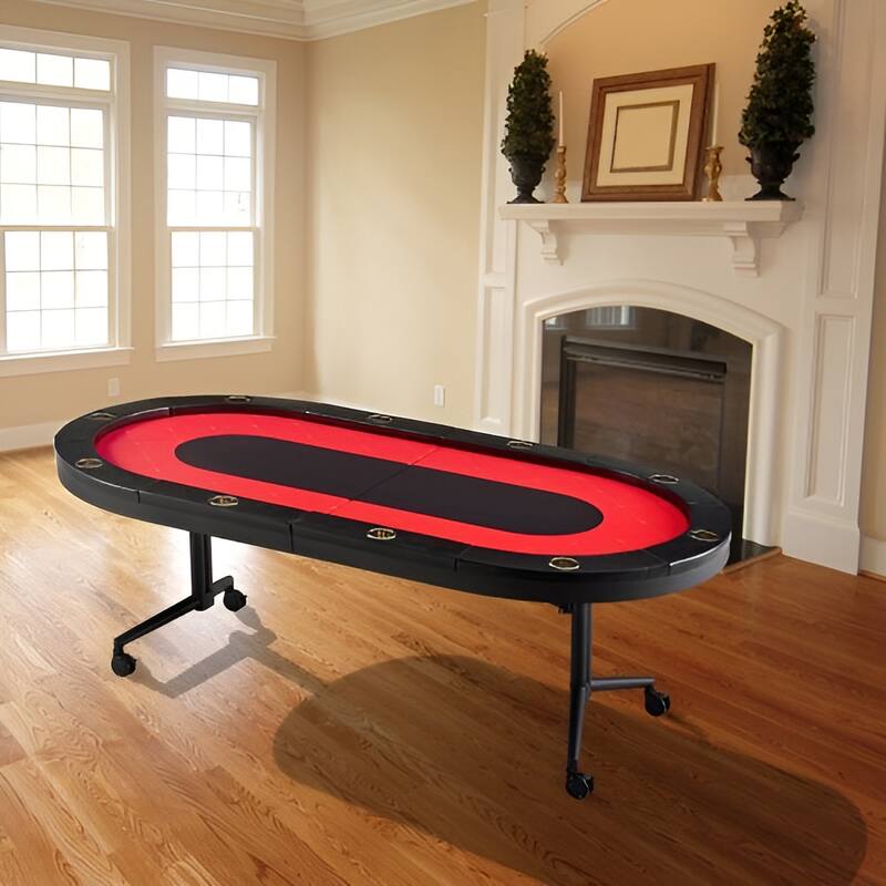 Black-Red Foldable Poker Table, Metal Steel Frame, Wooden Top and 10 Player Capacity - 90.2” L x 48” W x 31.5” H