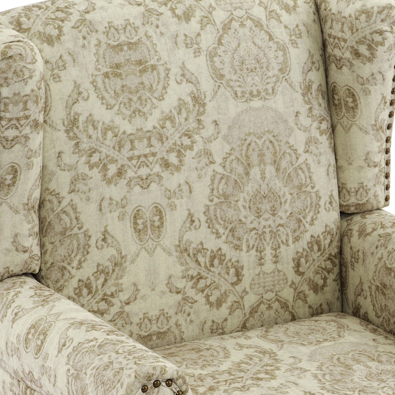 Traditional Floral Patterned Wingback Armchair with Nailhead Trim