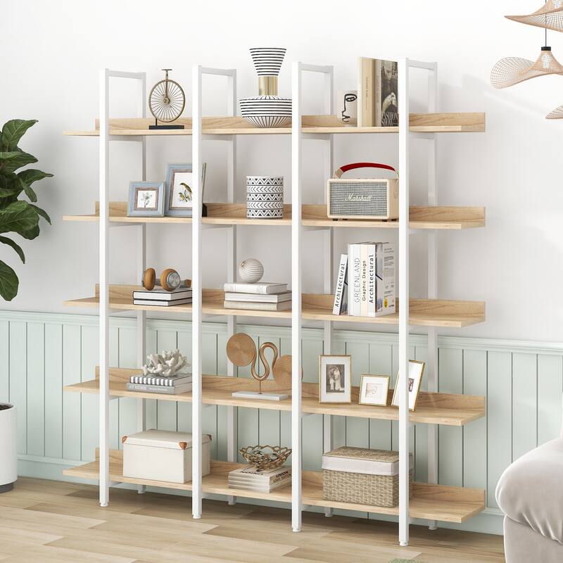 5 Tier Bookcase Home Office Open Bookshelf with Metal Frame - White/Natural