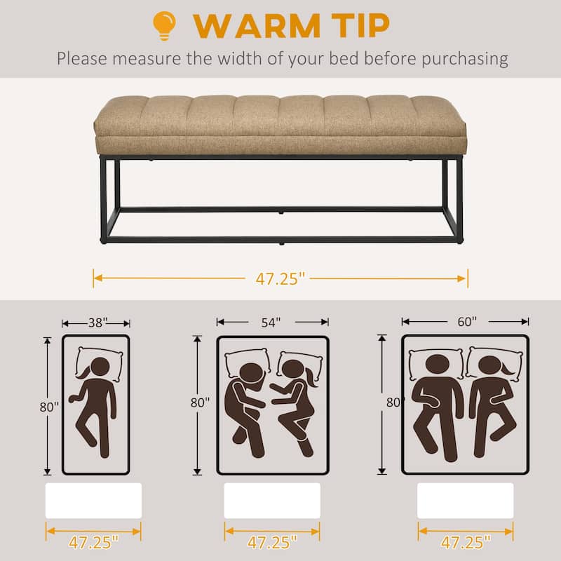 HOMCOM 47.25" End of Bed Bench with Channel Tufted Design, Upholstered Ottoman Bench with Steel Legs for Bedroom, Brown