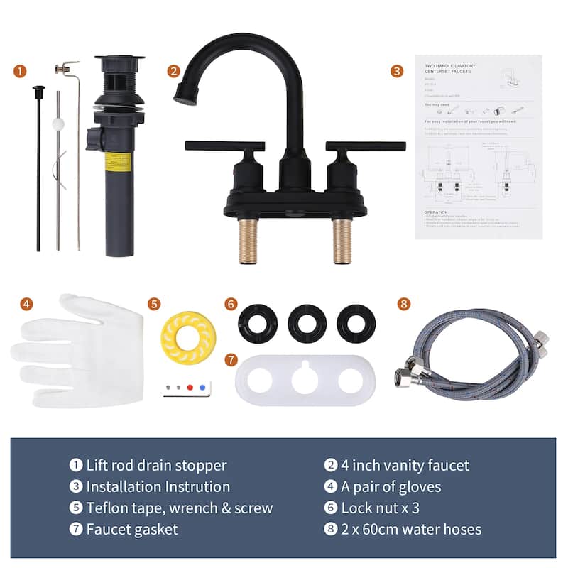 WOWOW 4 in. Centerset Double Handle Bathroom Faucet with Drain Kit Included