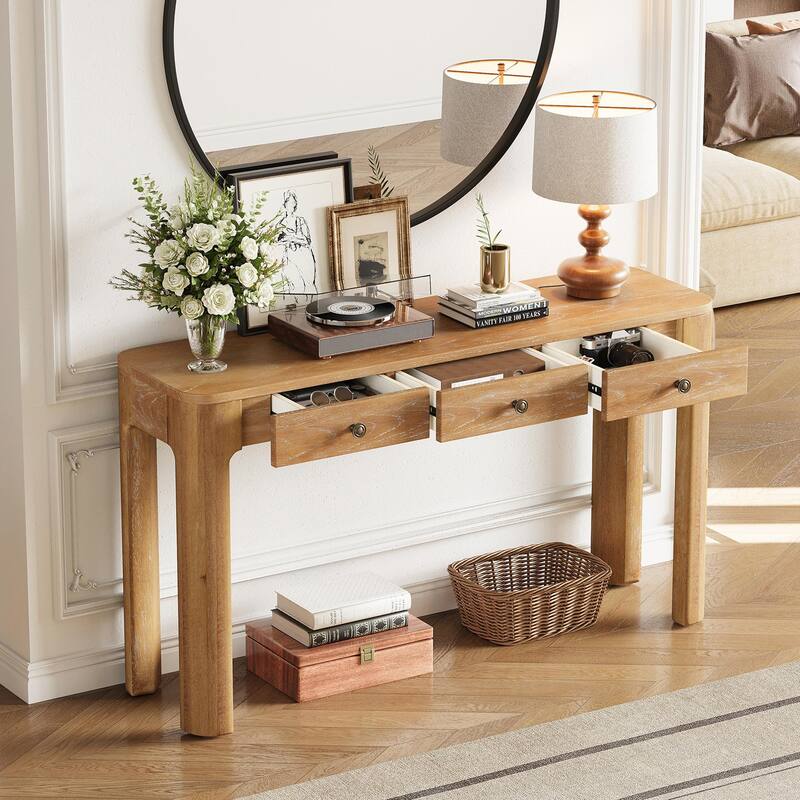 Rustic Console Table with Curved Corners for Safety - Entryway Table with 3 Concealed Drawers - Natural