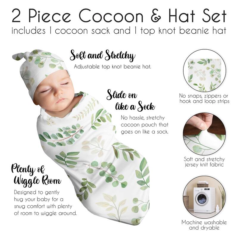 Floral Leaf Collection Boy or Girl Baby Cocoon and Beanie Hat Sleep Sack - 2pc Set - Green Boho Botanical Flower Woodland Garden
