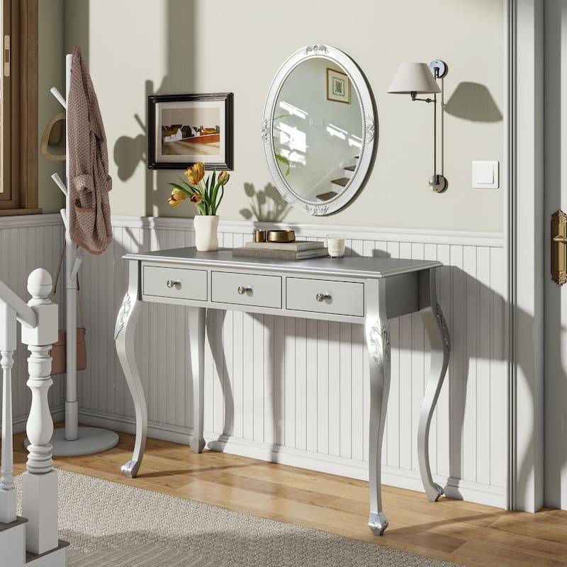 Bedroom Makeup Vanity with 3-Drawer,Dressing Table with Mirror - Silver