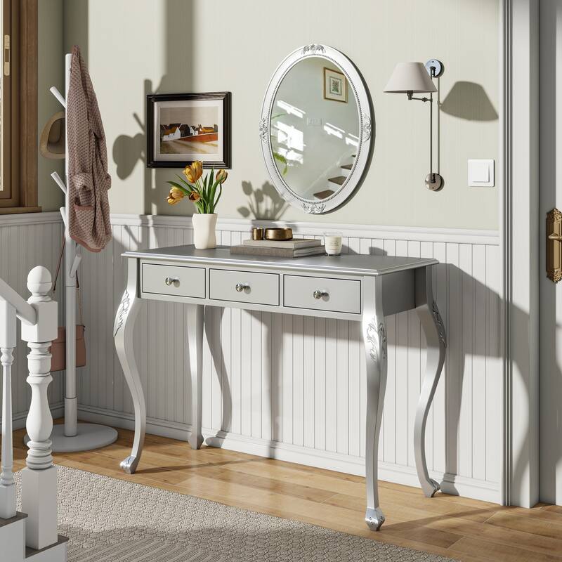 Makeup Vanity Desk with Oval Mirror, 3-Drawer Dressing Table