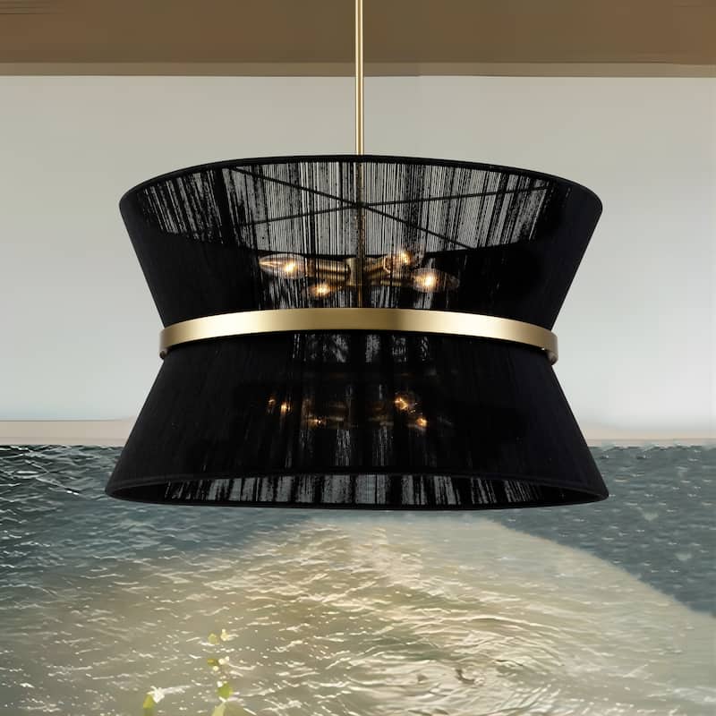8-Light Modern Boho Large Drum Chandelier 24 inch Fabric Hourglass Hand-woven Chandelier in Gold/ Black for Dining/ Living Room