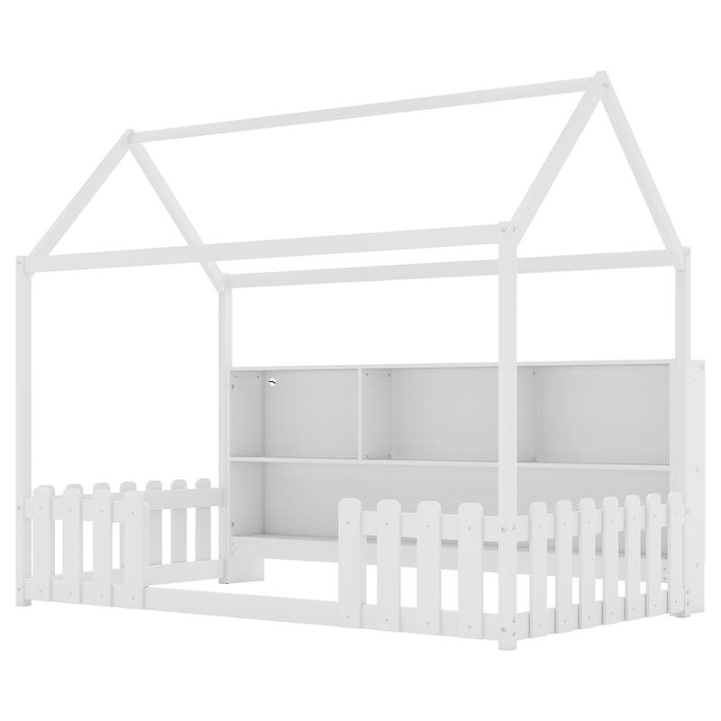 Twin Size House Bed with LED Light, Wood House Bed with Storage Bookshelf, Floor House Bed with Guardrails for Kid
