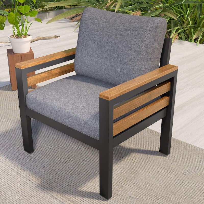 Roomfitters 4-Piece Outdoor Patio Furniture Set with 3-Seater Sofa, 2 Armchairs and Coffee Table, Wood Accents
