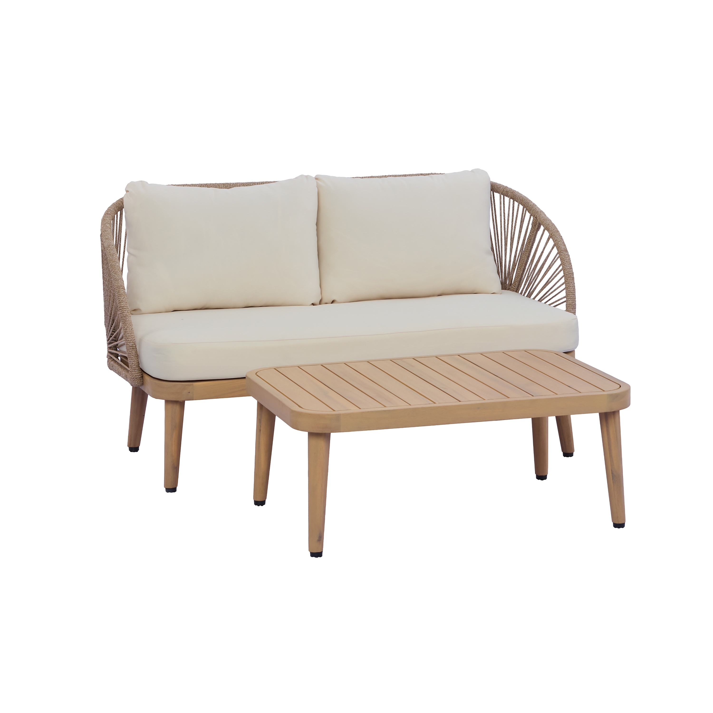 Outdoor Wood Loveseat and Slatted Coffee Table Set, Teak Beige Patio Conversation Set with Wood Frame